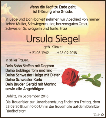 Traueranzeige von Ursula Siegel von WVG - Wochenspiegel NMB / WSF / ZTZ