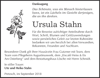 Traueranzeige von Ursula Stahn von WVG - Wochenspiegel Wittenberg