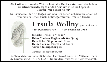 Traueranzeige von Ursula Wollny von WVG - Wochenspiegel Quedlinburg