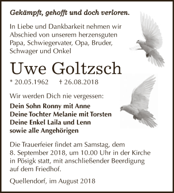 Traueranzeige von Uwe Goltzsch von WVG - Wochenspiegel Dessau / Köthen