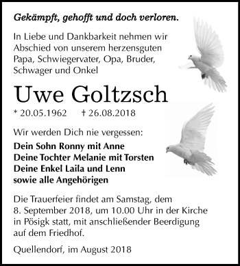 Traueranzeige von Uwe Goltzsch von Mitteldeutsche Zeitung