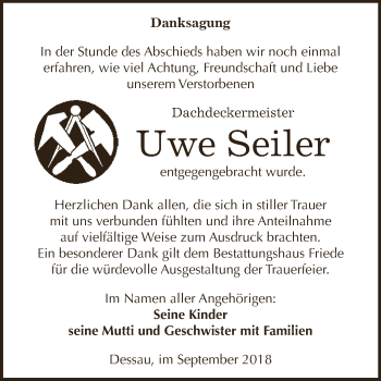 Traueranzeige von Uwe Seiler von WVG - Wochenspiegel Dessau / Köthen