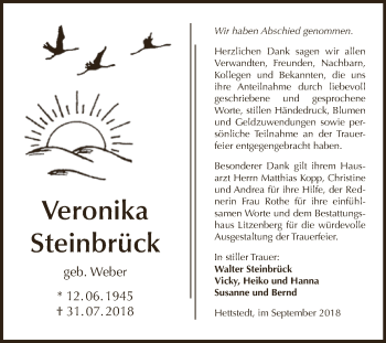 Traueranzeige von Veronika Steinbrück von Super Sonntag SGH Mansf. Land