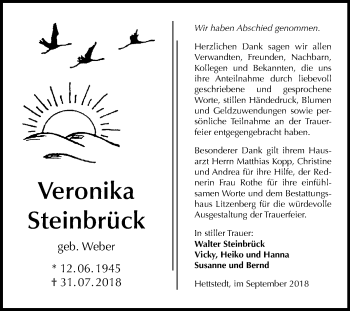 Traueranzeige von Veronika Steinbrück von Mitteldeutsche Zeitung