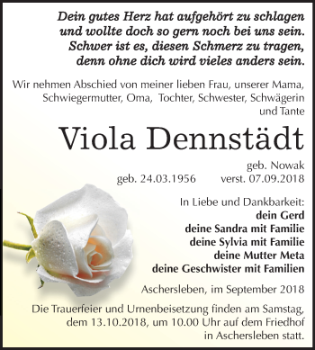 Traueranzeige von Viola Dennstädt von Mitteldeutsche Zeitung Aschersleben