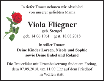 Traueranzeige von Viola Fliegner von Mitteldeutsche Zeitung Bitterfeld
