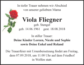 Traueranzeige von Viola Fliegner von WVG - Wochenspiegel Bitterfeld