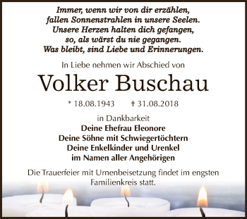 Traueranzeige von Volker Buschau von WVG - Wochenspiegel Dessau / Köthen