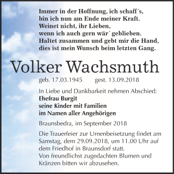 Traueranzeige von Volker Wachsmuth von WVG - Wochenspiegel Merseburg