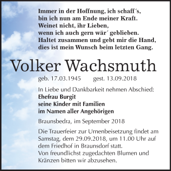 Traueranzeige von Volker Wachsmuth von Mitteldeutsche Zeitung Merseburg/Querfurt