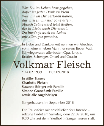 Traueranzeige von Volkmar Fleisch von Super Sonntag SGH Mansf. Land