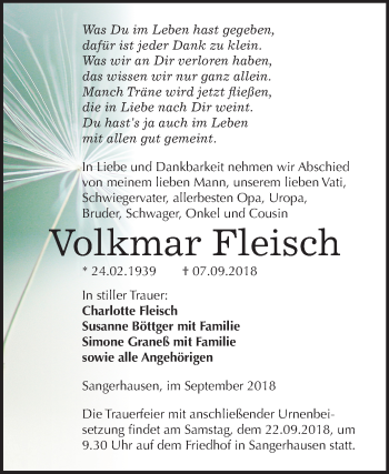 Traueranzeige von Volkmar Fleisch von Mitteldeutsche Zeitung Sangerhausen