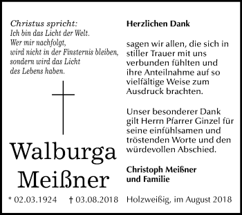 Traueranzeige von Walburga Meißner von Mitteldeutsche Zeitung Bitterfeld