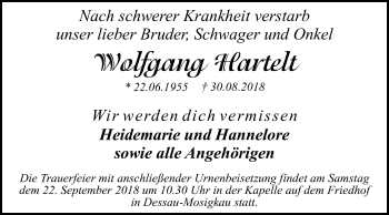 Traueranzeige von Walfgang Hartelt von Mitteldeutsche Zeitung Dessau-Roßlau