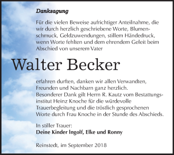 Traueranzeige von Walter Becker von Mitteldeutsche Zeitung Quedlinburg