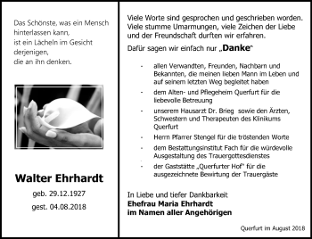 Traueranzeige von Walter Ehrhardt von Mitteldeutsche Zeitung Merseburg/Querfurt