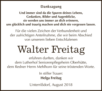 Traueranzeige von Walter Freitag von Wochenspiegel Mansfelder Land