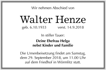 Traueranzeige von Walter Henze von Mitteldeutsche Zeitung Halle/Saalkreis