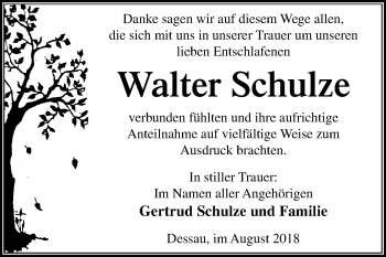 Traueranzeige von Walter Schulze von Mitteldeutsche Zeitung Dessau-Roßlau