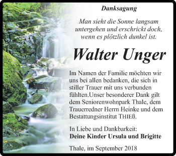 Traueranzeige von Walter Unger von Mitteldeutsche Zeitung Quedlinburg