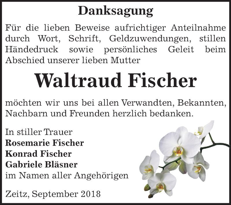  Traueranzeige für Waltraud Fischer vom 15.09.2018 aus Mitteldeutsche Zeitung Zeitz