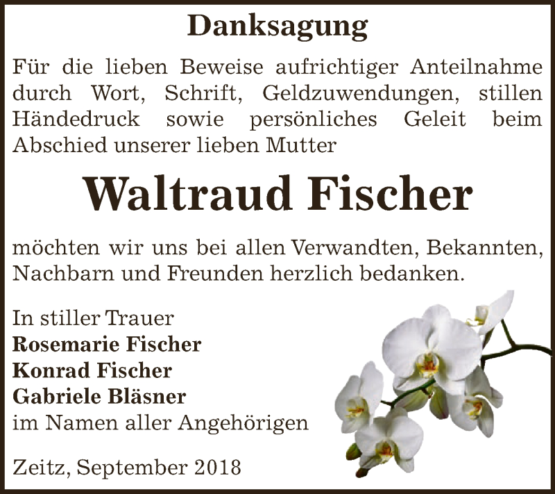  Traueranzeige für Waltraud Fischer vom 15.09.2018 aus Super Sonntag Zeitz
