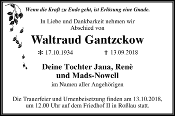 Traueranzeige von Waltraud Gantzckow von Mitteldeutsche Zeitung Dessau-Roßlau