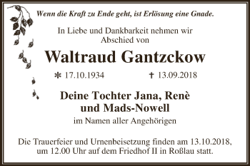 Traueranzeige von Waltraud Gantzckow von WVG - Wochenspiegel Dessau / Köthen