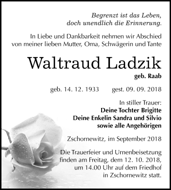 Traueranzeige von Waltraud Ladzik von Mitteldeutsche Zeitung