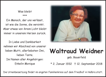Traueranzeige von Waltraud Weidner von Mitteldeutsche Zeitung
