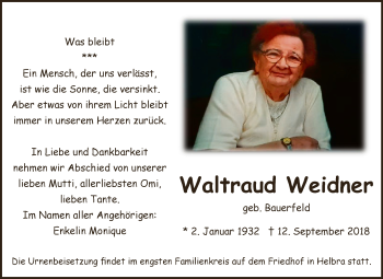 Traueranzeige von Waltraud Weidner von Wochenspiegel Mansfelder Land