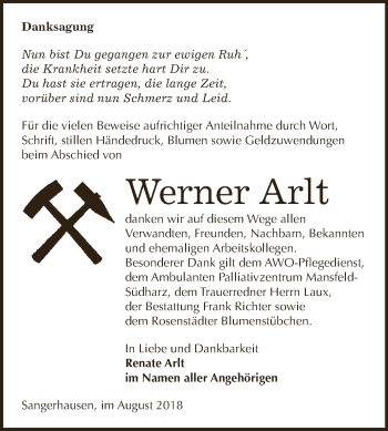 Traueranzeige von Werner Arlt von Super Sonntag SGH Mansf. Land