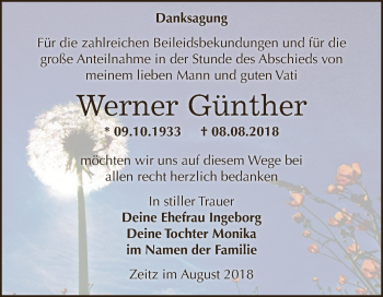 Traueranzeige von Werner Günther von Super Sonntag Zeitz