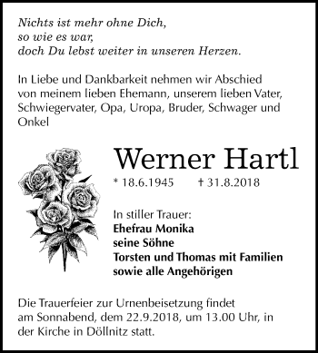 Traueranzeige von Werner Hartl von Mitteldeutsche Zeitung Merseburg/Querfurt