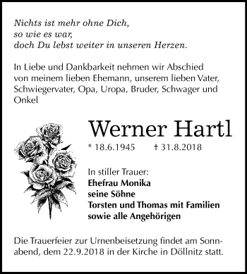 Traueranzeige von Werner Hartl von WVG - Wochenspiegel Merseburg