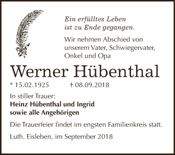 Traueranzeige von Werner Hübenthal von Wochenspiegel Mansfelder Land