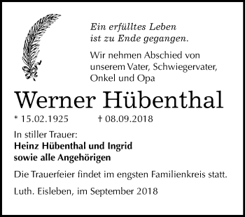 Traueranzeige von Werner Hübenthal von Mitteldeutsche Zeitung