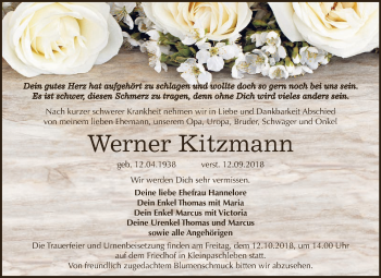 Traueranzeige von Werner Kitzmann von WVG - Wochenspiegel Dessau / Köthen
