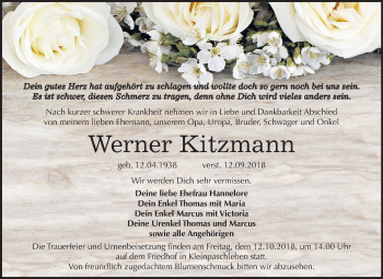 Traueranzeige von Werner Kitzmann von Mitteldeutsche Zeitung Köthen
