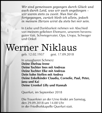 Traueranzeige von Werner Niklaus von Mitteldeutsche Zeitung Merseburg/Querfurt