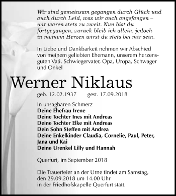 Traueranzeige von Werner Niklaus von WVG - Wochenspiegel Merseburg