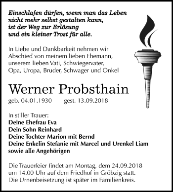 Traueranzeige von Werner Probsthain von Mitteldeutsche Zeitung Köthen