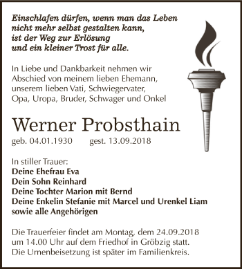 Traueranzeige von Werner Probsthain von WVG - Wochenspiegel Dessau / Köthen