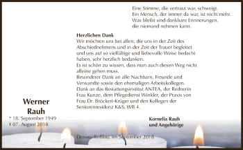 Traueranzeige von Werner Rauh von WVG - Wochenspiegel Dessau / Köthen