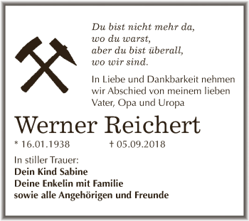 Traueranzeige von Werner Reichert von Wochenspiegel Mansfelder Land