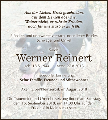 Traueranzeige von Werner Reinert von WVG - Wochenspiegel Dessau / Köthen