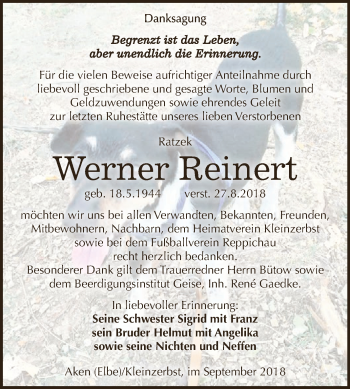 Traueranzeige von Werner Reinert von WVG - Wochenspiegel Dessau / Köthen