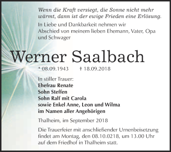 Traueranzeige von Werner Saalbach von WVG - Wochenspiegel Bitterfeld