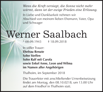 Traueranzeige von Werner Saalbach von Mitteldeutsche Zeitung Bitterfeld