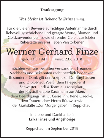 Traueranzeige von Werner Gerhard Finze von Mitteldeutsche Zeitung Köthen